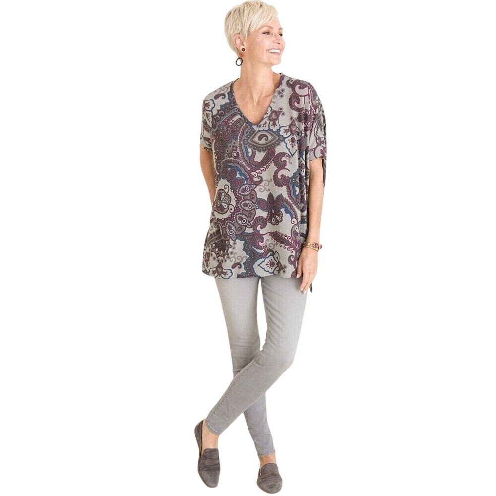 Chicos Top Women M/L Dolman‎ Sleeve V-Neck Drop-Shoulder Paisley Tunic